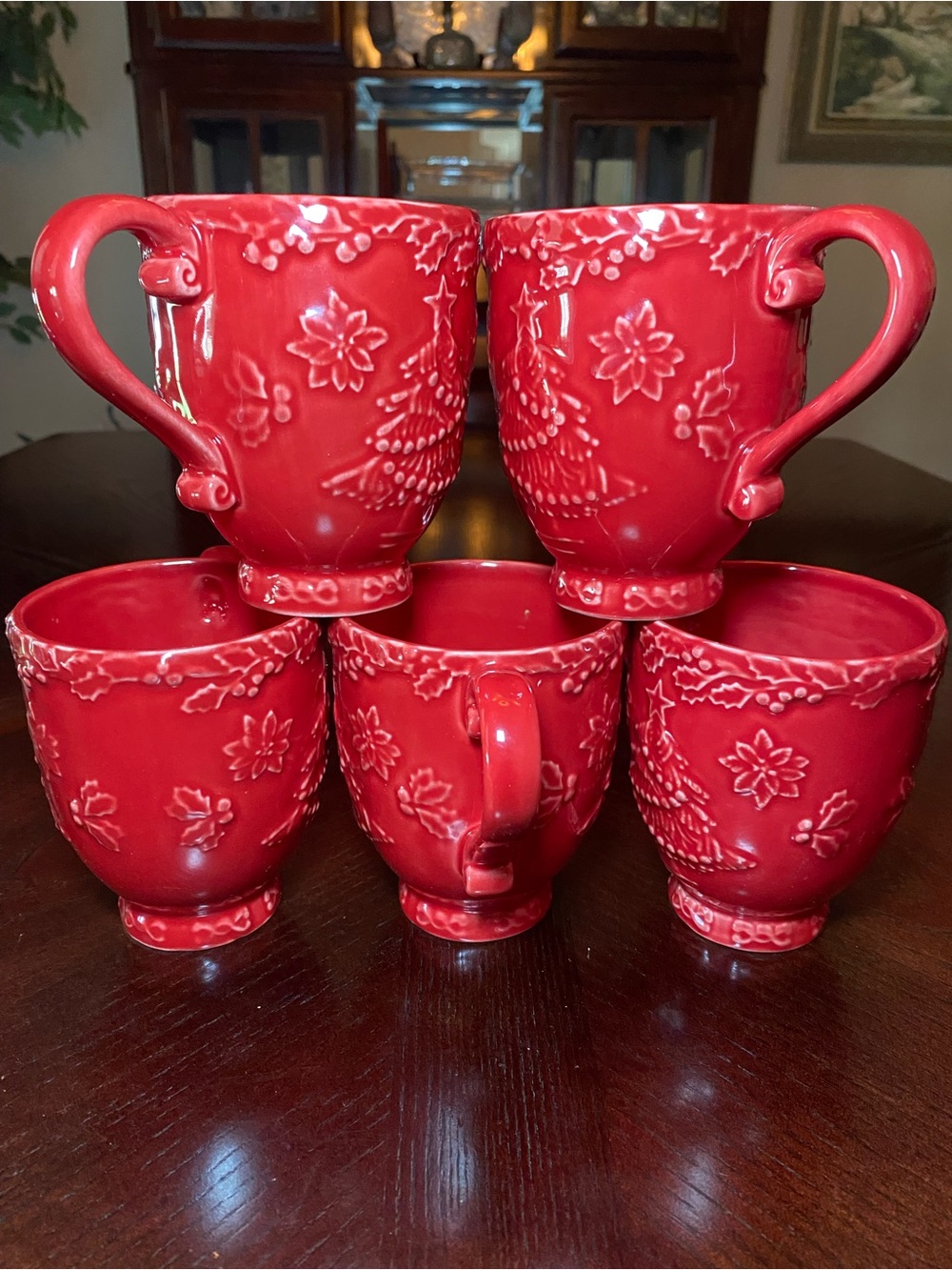 Bordallo Pinheiro Red Embossed Ceramic Christmas mugs - Set of 5